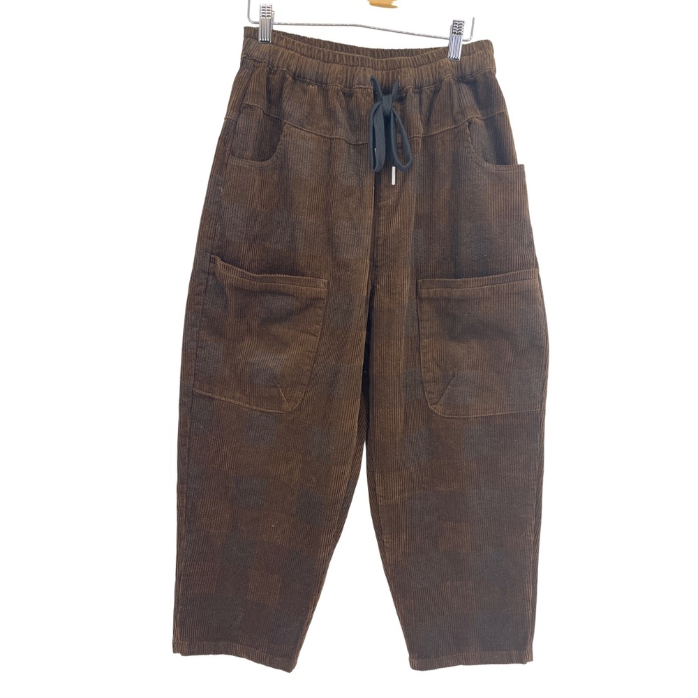 BUYKUD Corduroy Pants Women M Brown NWT Checkered Lagenlook Tapered Drawstring - Picture 2 of 11